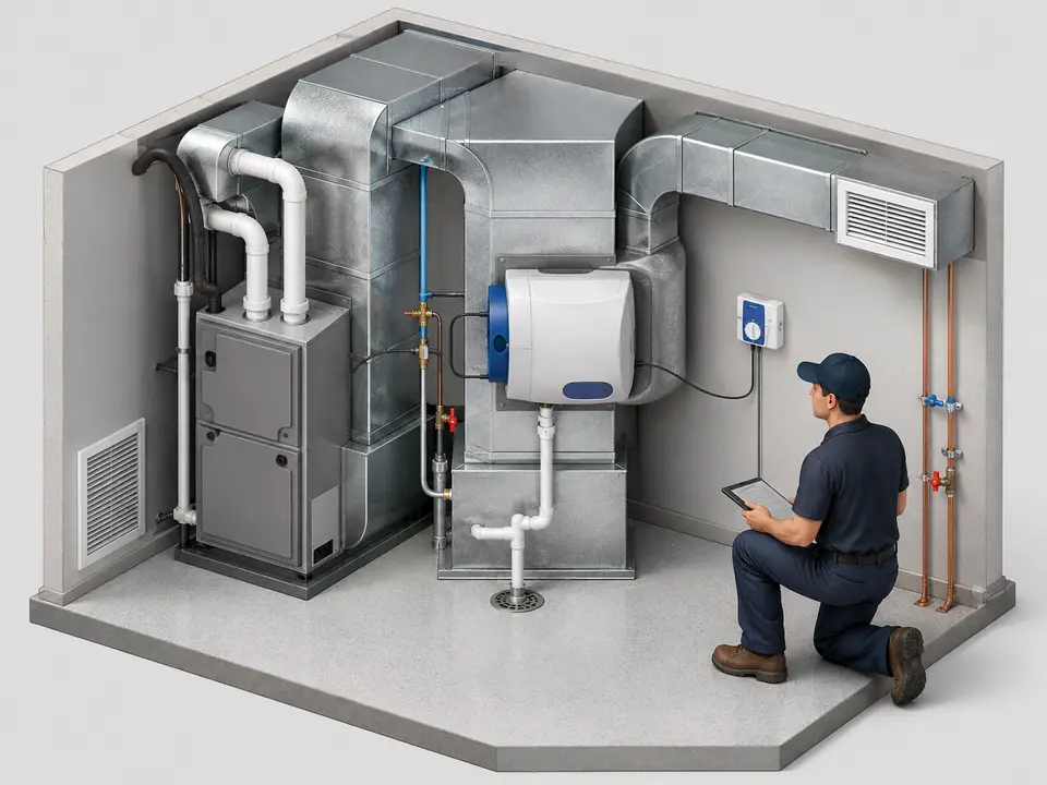 Technician installing a whole-house humidifier beside a furnace in a California home